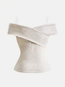 SHEIN Áo thun nữ tuổi teen mùa xuân/hè mới về, màu trơn, kiểu dáng thời trang, hở vai. - Màu be - Xem 8