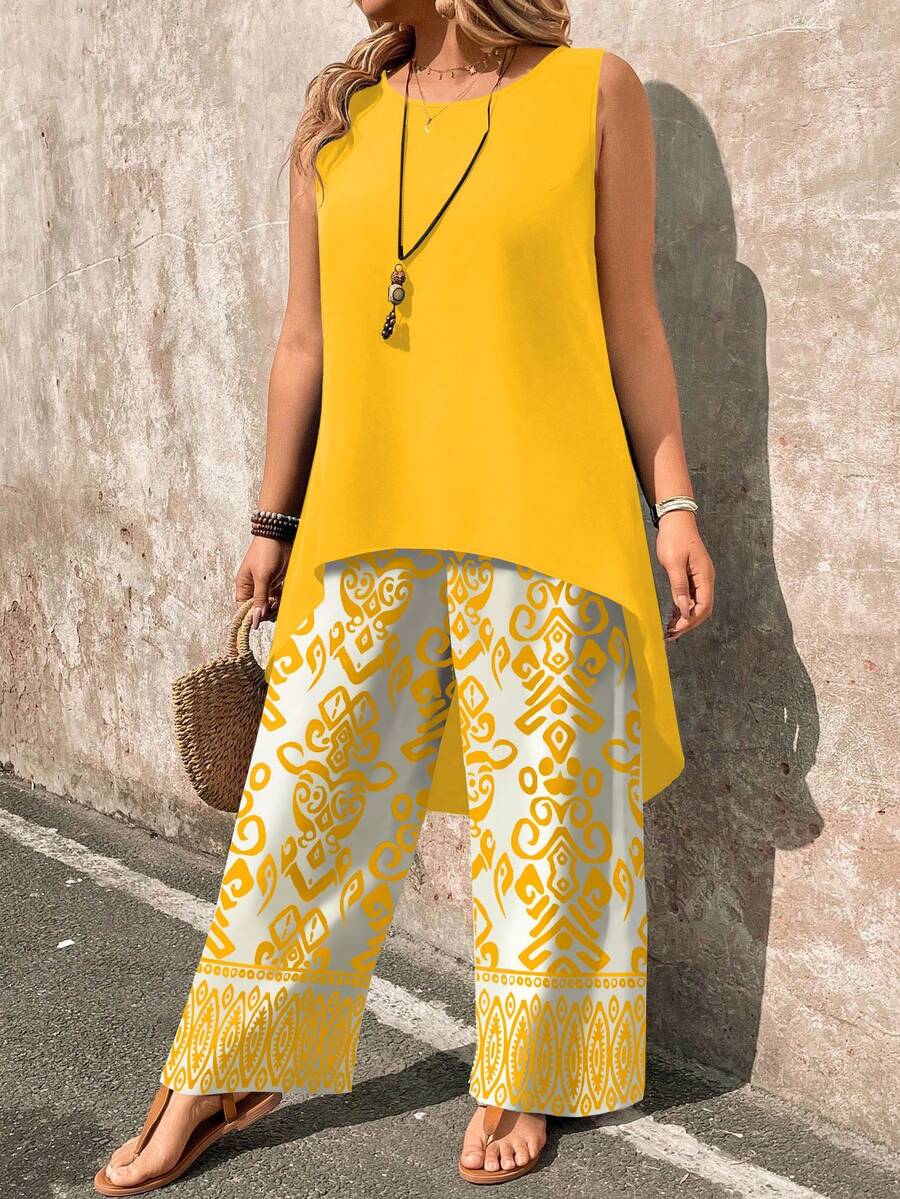 EMERY ROSE Plus Size 2 Pieces Set: Paisley Print Sleeveless Top And Wide Leg Pants Fall - Yellow - View 1