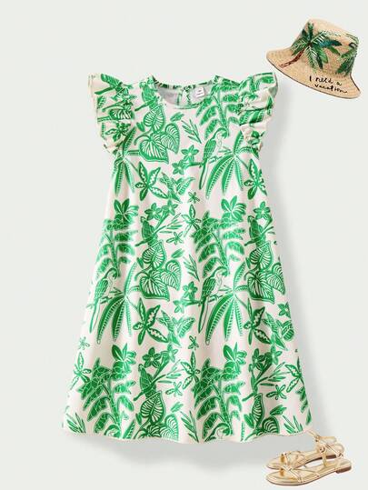 Casuvi Kids Casuvi Tween Girl Girls Tropical Rainforest Floral Print Flare Dress, Casual Vacation Style, Suitable For Spring/Summer Daily Wear & Holiday