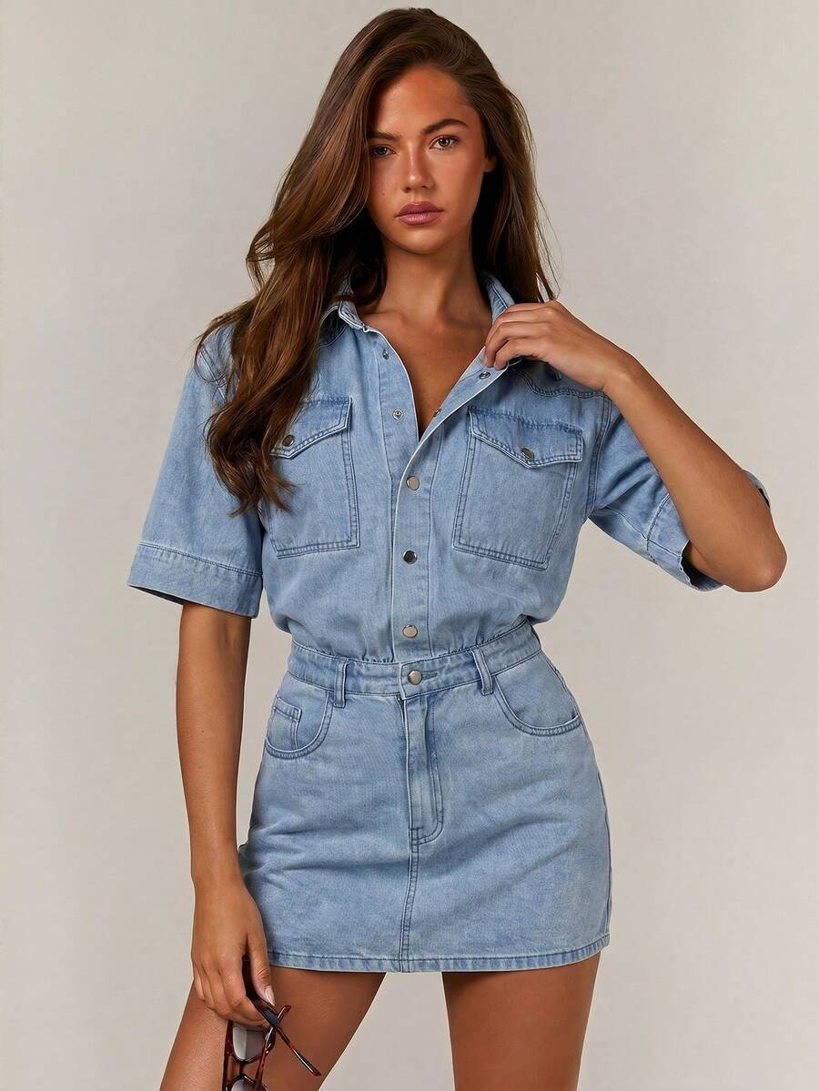 Athîral Denim 女士时尚百搭纽扣口袋牛仔连衣裙 - 藍色 - 查看 1