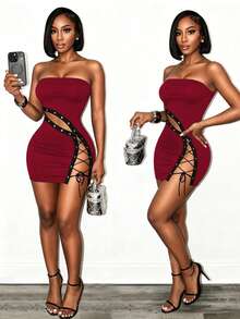 BamGleam Vestido de mujer sin tirantes con abertura cruzada y abertura lateral - Burdeos - Ver 3