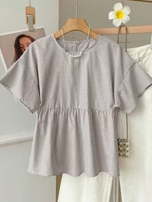 SHEIN EZwear 女士时尚圆领条纹梭织衬衫，日常百搭 - 咖啡棕 - 查看 9