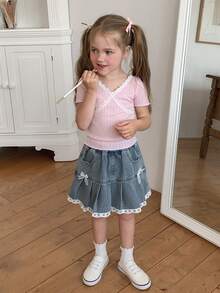 Dazy Kids Young Girl Summer Casual Vacation Sweet Cute Lace Bow Decor Ruffle Hem Denim Skort - Light Wash - View 6