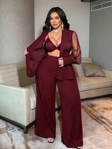 NU&NOW Commuting Design Sense Black Sheer Mesh Patchwork Plus Size Suit Set - Burgundy - View 5