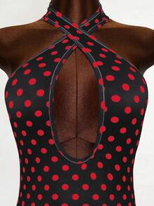 Mistrie Nuevo Llegada Primavera/Verano Casual Mono Sexy con Estampado de Lunares y Escote Halter con Recortes para Mujer - Negro - Ver 6