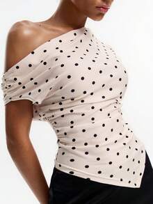 DAZY Women's Slim Fit Scoop Neck Polka Dot T-Shirt, Suitable For Spring And Summer - White - View 6