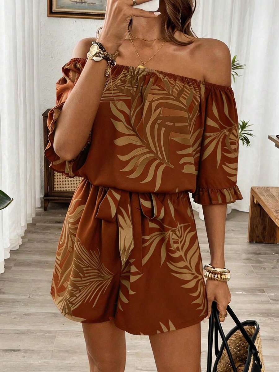 Breezaya Bộ áo liền quần trễ vai xếp nếp kiểu Hawaii - Nhiều màu - Xem 1