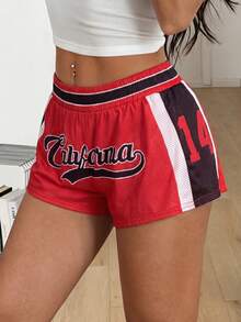 Coolane Women's Plus Size Summer Red And White Sport Shorts,Breathable Mesh Graphics Gym Athleisure,Grunge Chic Streetwear Preppy Game Day Casual Shorts - Red - View 1