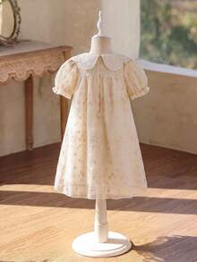 SHEIN Glamorique Kids 女童褶皱花卉刺绣图案泡泡袖连衣裙，适合生日派对、婚礼、节日等场合。 - 米色 - 查看 7