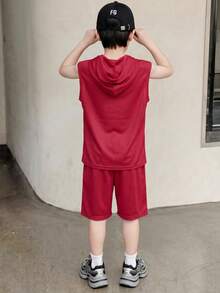 Bộ 2 món đồ chơi trẻ em trai tuổi teen, họa tiết mặt cười, kiểu dáng rộng rãi, áo hoodie và quần short, phong cách thường ngày. - Đỏ - Xem 3