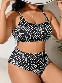 Swim Lushoire Bộ đồ bơi cỡ lớn dành cho nữ với họa tiết sóng biển - màu đen - Xem 3