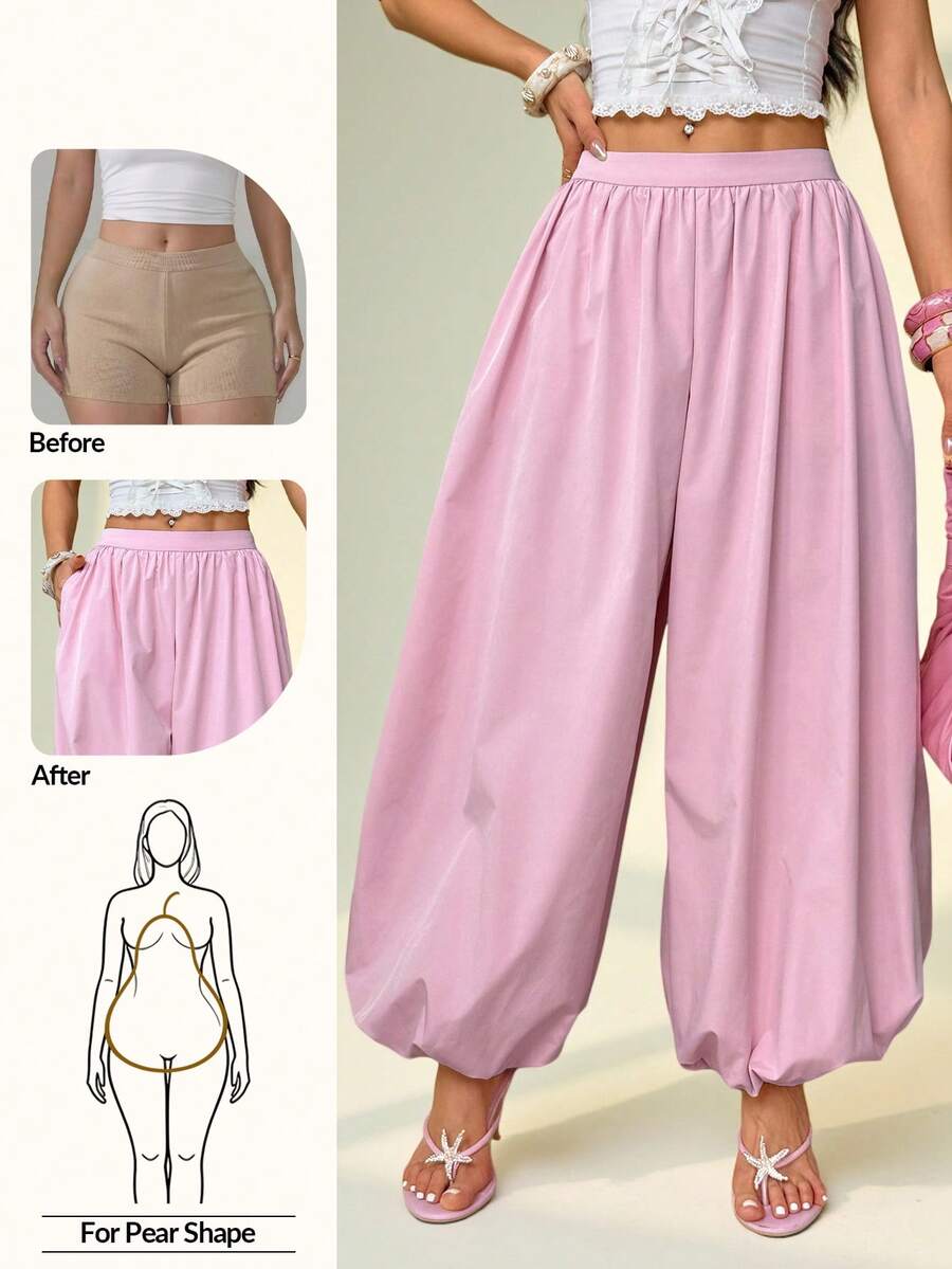 SHEIN PETITE Quần ống rộng cạp cao dệt trơn