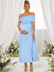 Loomaby Elegant Solid Color Off-Shoulder Maternity Dress,Gender Reveal Dress,Maternity Dress,Baby Shower Dress - Blue - View 8