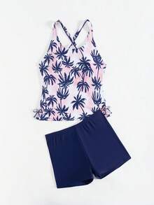 SHEIN 少女泳装，热带椰子树印花比基尼上衣和泳裤套装 - 藏蓝色 - 查看 3