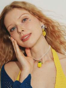 Popjeli Pearl Bow Lemon Earrings,Y2K/Cute/Colorful/Chic,DIY,PINK,Summer/Beach/Prom/Part/Vacation/Travel,For Mom/Women/Girl/Mother,Heart,Floral - White - View 5