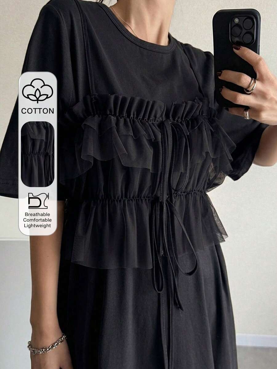 FRIFUL 女款 T-Shirt + 直肩背帶洋裝疊穿 2 件套 夏季居家休閒套裝 - 黑色 - 查看 1