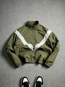 PAVTROS Men's Stand Collar Contrast Color Zip-Up Jacket Football - Army Green - View 3