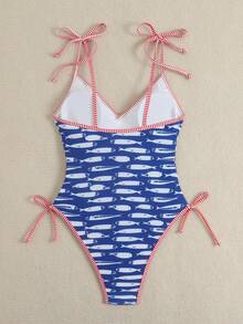 Swim Vcay Bộ đồ bơi liền thân bikini họa tiết cá sọc, kiểu dáng thoải mái, thích hợp cho kỳ nghỉ hè của nữ, có dây buộc. - Nhiều màu - Xem 2