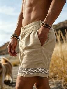 Airaco Pantalones cortos casuales de hombre con estampado geométrico de cintas - Caqui - Ver 2