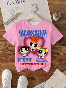 THE POWERPUFF GIRLS X SHEIN 少女百搭圆领短袖T恤 - - 白色 - 查看 1