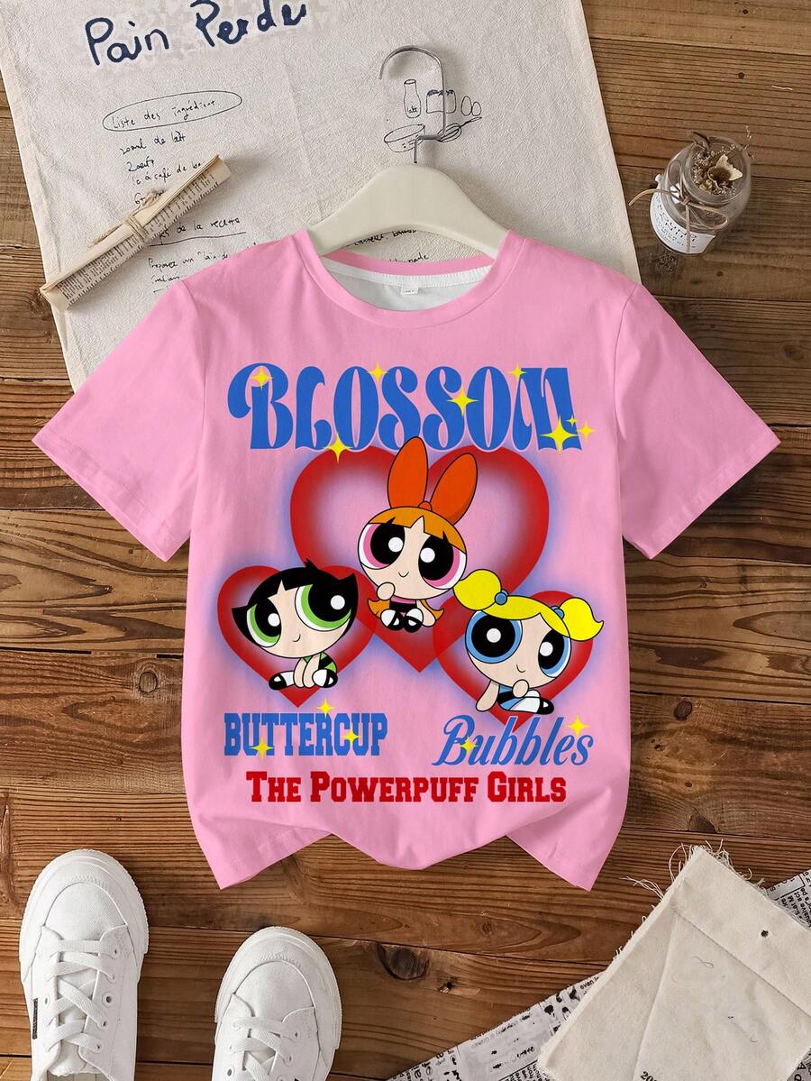 THE POWERPUFF GIRLS X SHEIN 少女百搭圆领短袖T恤 - - 白色 - 查看 1