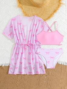 SHEIN 三件套少女泳装，粉色吊带镂空泳衣+彩色泳裤+彩色罩衫，甜美休闲可爱风格，舒适面料，适合海滩、游泳、冲浪。 - 粉色 - 查看 5