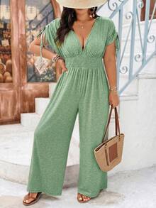 Weeklong Plus Size V-Neck Soft Knit Adjustable Shoulder Jumpsuit With Drawstring Waist, Casual & Comfortable For Outdoor & Holiday - Mint Green - View 4