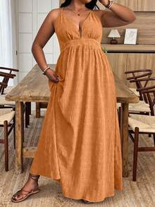 Weeklong Plus Size Women Summer Spaghetti Strap Textured Belt Beach Vacation Dress - Orange - View 5