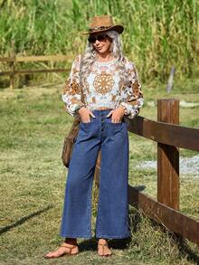 EMERY ROSE Women's Pocket Button Casual Versatile Daily Wear Wide Leg Jeans - Blue - View 7