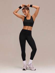 GLOWMODE FeatherFit™-Sculpt FlowFit Breathable Sweat-Wicking Stretchy Mesh Back Adjustable Crop Front Closure Sports Bra Running Workout Gym - Black - View 8