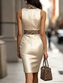 EMERY ROSE Women's Contrast Color Splice Stand Collar Sleeveless Fitted Leopard Print Summer Mini Dress - Champagne - View 2