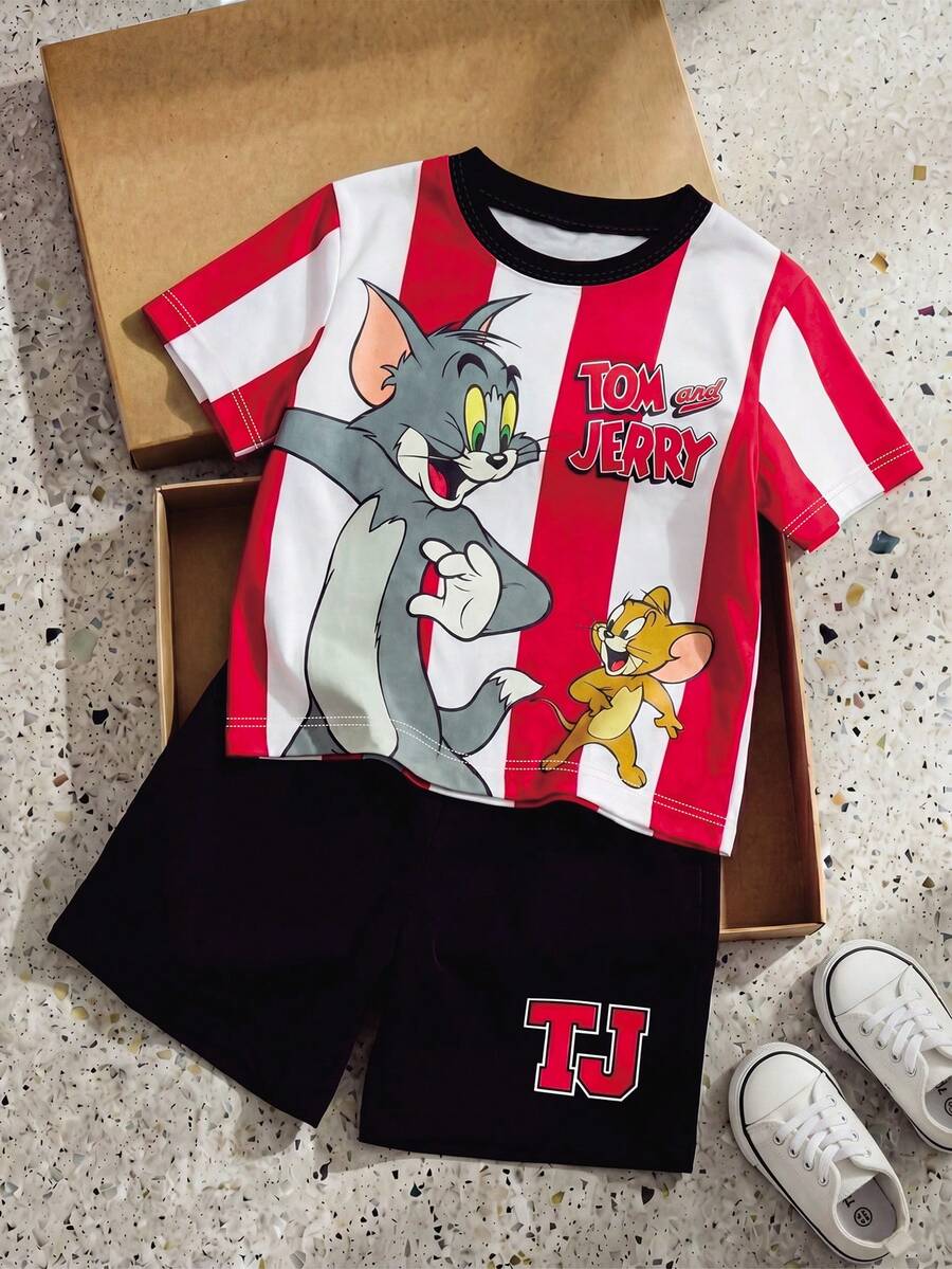 TOM & JERRY X SHEIN GraphicGems 男童休闲运动时尚街头日常通勤卡通撞色条纹印花短袖T恤短裤套装,夏季 - 黑色 - 查看 1