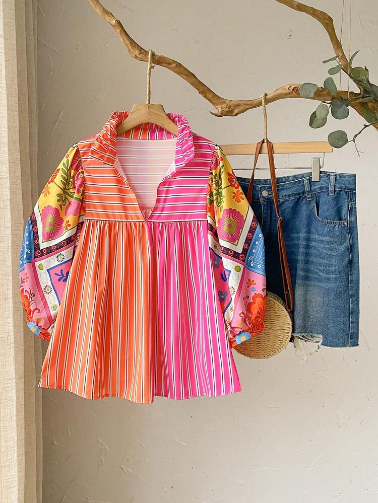 Plus Size Women Summer Vacation Casual Colorblock Striped Print Shirt Beach Outfit For Women Summer Outfits For Women Casual Blouses For Women