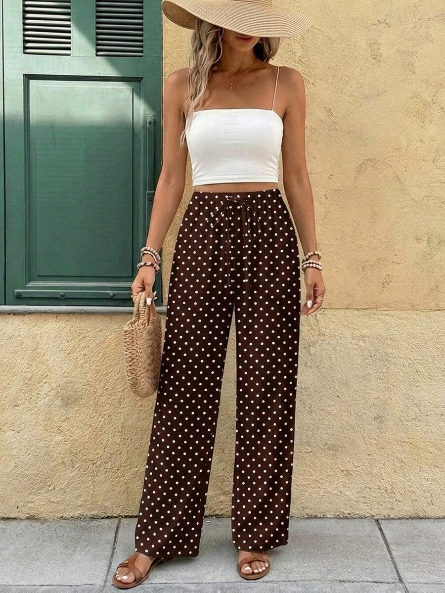 SHEIN Frenchy Brown & White Polka Dot All-Over Print Casual Elastic Waist Women's Pants, Suitable For Spring/Summer Vacation - Multicolor - View 1