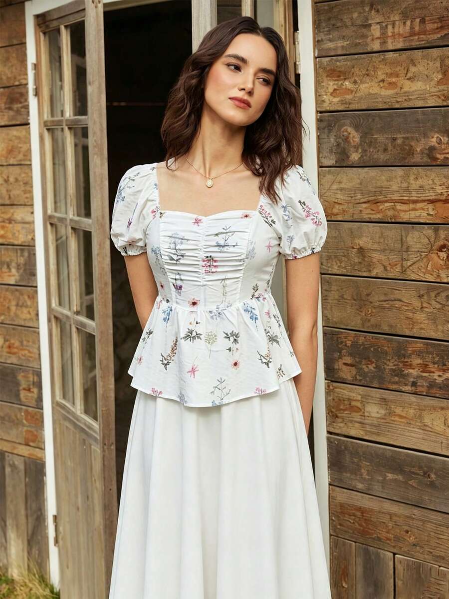 Gaivellea Áo kiểu nữ mùa hè thanh lịch kiểu Pháp, cổ vuông, tay phồng, hở lưng, eo rút dây, vạt bèo nhún, họa tiết hoa, màu trắng, kiểu dáng thường ngày. - trắng - Xem 1