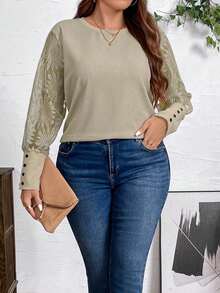 SHEIN LUNE توبات المرأة البدينة لموسم الخريف، ملابس علوية مرقعة بالكشكشة والدانتيل والجاكار ، أكمام فانوس ،فضفاضة وأنيقة للحزب واليومي للمرأة - لون مشمشي - مشاهدة 7