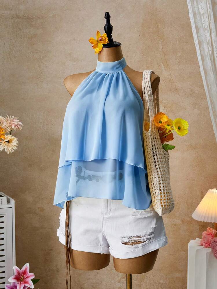 Femesol Áo kiểu cổ yếm màu vàng, áo sơ mi nữ dáng chữ A cổ yếm xòe nhẹ, áo sơ mi công sở màu vàng nhạt, áo kiểu hở lưng cổ yếm cho kỳ nghỉ biển của nữ. - Màu xanh lam - Xem 5