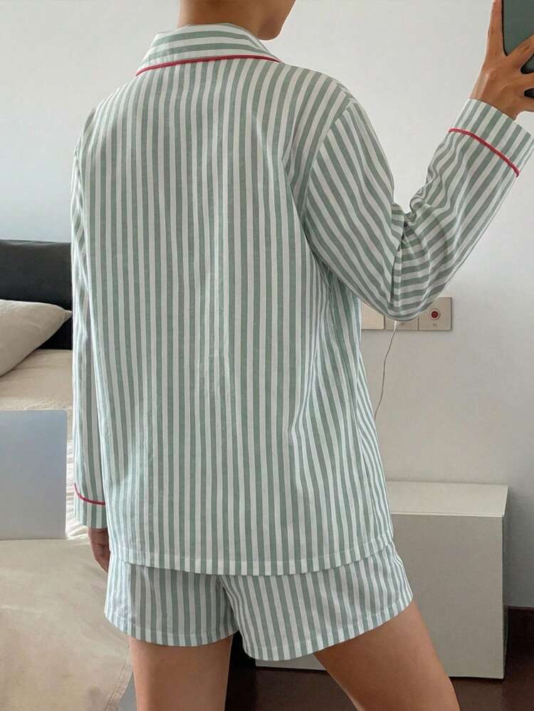 Women's Striped Long Sleeve Button-Up Top And Shorts Pajama Set