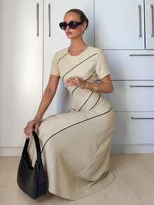 Siren Gaze Elegant Beige Striped Summer Maxi Dress For Women,Luxury Asymmetrical Tea Party Brunch Outfits, Slim Fit Short Sleeve Retro Office Siren Work Dress - Apricot - View 8