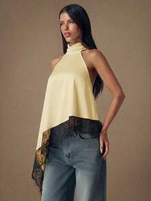 Top de satén con parches de encaje y espalda descubierta, elegante y apropiado para fiestas, cócteles, ocasiones formales, Navidad y vestimenta casual de negocios - Amarillo 2 - Ver 5