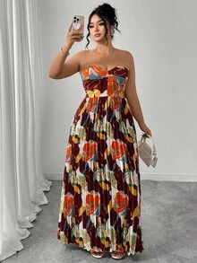 Elenzga Plus Size Women's Elegant Romantic Digital Print Strapless Waist A-Line Dress, Suitable For Summer Vacation Party White - Burgundy - View 1