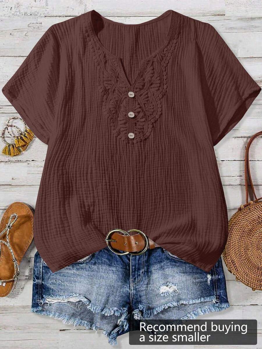 Linhara Camisa de manga corta sencilla y lisa de talla grande - Café integral - Ver 1