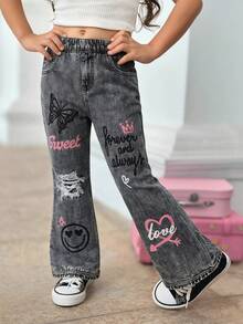 SHEIN Pantalones acampanados casuales de punto ajustados para niña - Multicolor - Ver 1