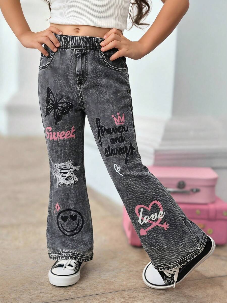 SHEIN Pantalones acampanados casuales de punto ajustados para niña - Multicolor - Ver 1