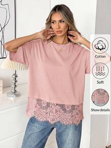 Easowa Áo thun nữ tay ngắn màu đen, cổ tròn, viền ren, dáng rộng. - Màu Hồng  Dưa hấu - Xem 2