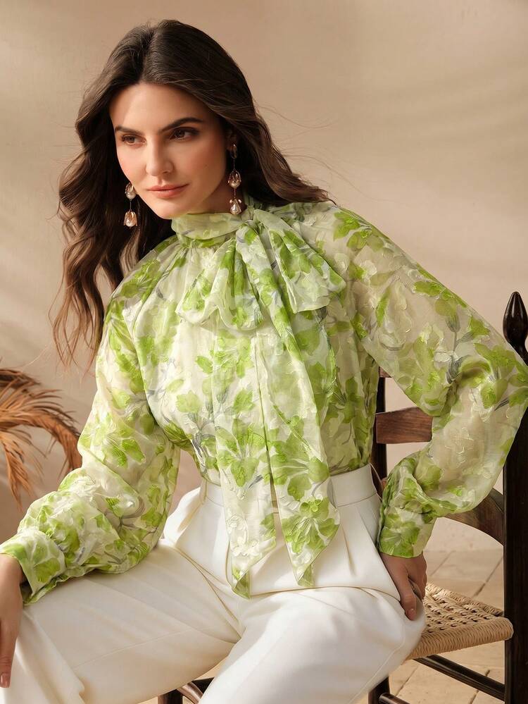 Women's Spring/Summer Mandarin Collar Vintage Chiffon Textured Chiffon Fabric Fashionable Printed Country Music Festival Elegant Long Sleeve Blouse