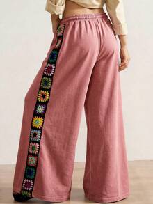 Bohemela Plus Size Casual Crochet Patchwork Wide Leg Pants - Pink - View 3