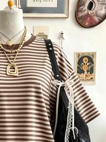 Lalippa Kaos Wanita Kasual Bergaris Digital Print Ukuran Besar Panjang Sedang Leher Bulat Bahu Jatuh, Hadiah untuk Teman - MultiWarna - View 3