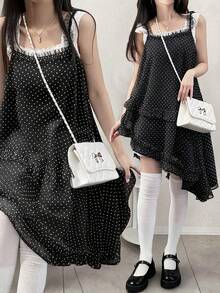 FRIFUL Women's Summer Casual Polka Dot Print Mesh Patchwork Asymmetric Hem Camisole - Black - View 2