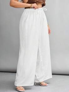 SHEIN Tall CURVE 大码女式纯色抽绳腰休闲百搭阔腿裤，适合日常穿着 - 白色 - 查看 6